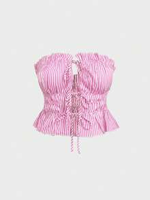 2pcs/Set Women Striped Pants And Striped Front Tie Ruffle Hem Crop Top, Pink - Pink - View 5