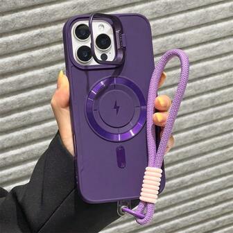 1 件豪华 Lightning 磁吸手机壳，带短尼龙挂绳相机支架，适用于 iPhone16 15 14 13 12 11 Pro Max Plus 柔软硅胶后盖，防水防震防摔防刮