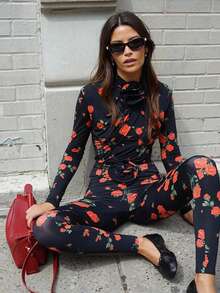 Damen Rosenbedruckte Bodysuit-Hosen-Sets Weibliche Blumen Hoher Kragen Lange Ärmel Wickelleggings Sexy High Street Fashion Hosenanzüge - Spitze - Übersicht 6