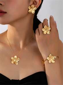 2pcs/5pcs Set Floral Necklace, Earrings, Bracelet, Ring Metal 5-Petal Flower Jewelry Set For Women, Graceful & Sweet