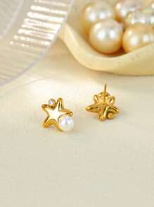 Tiny Bubble Star Stainless Steel Earrings With Artificial Pearls Cubic Zirconia, 18K Gold-Plated Anti Fading Stud Earring For Women, Wedding Vacation Jewelry Accessories, Christmas Gifts For Mom/Best Friends/Daughter