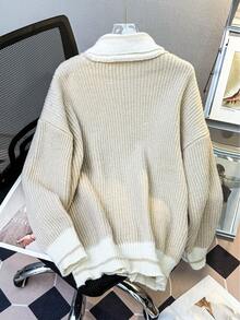 JIANHU Beige Striped V-Neck Cardigan - Autumn/Winter Knit Sweater, White Ribbed Trim And Buttons | Christmas Baking And Cozy Home - Khaki - View 3