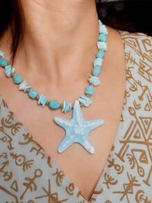 1 Peça Colar Artesanal Multicamadas com Contas de Pedra, Pérola, Pingente de Estrela do Mar Dourada de Metal, Para Mulheres Festa de Praia Viagem de Férias, Colar de Pérola de Concha Estrela do Mar, Acessório de Roupa de Praia para Meninas, Colar de Joias Exageradas, Colar de Estrela do Mar Robusto