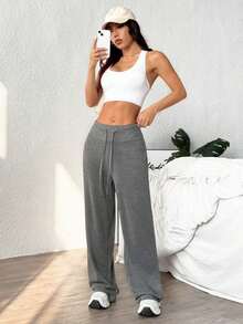 Pantalones deportivos sueltos de color sólido de cuatro estaciones para mujer, pantalones deportivos con cintura ajustable con cordón, pantalones sueltos casuales simples y cómodos, adecuados para el uso diario, modernos y modernos. - Gris - Ver 3