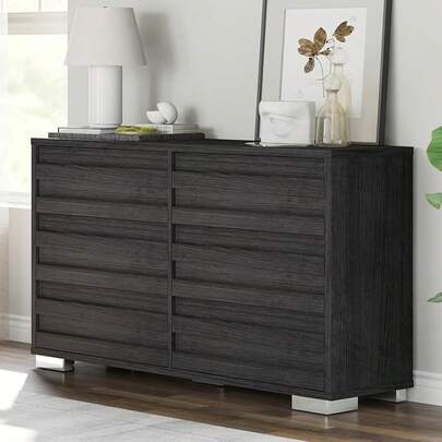 Farmhouse 6-Drawer Dresser With Slat Handles – 54'' Wide Wooden Chest Of Drawers For Bedroom Or Living Room, Black