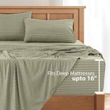 Lux Decor 4 Pc Stripe Bed Sheets High GSM Brushed Microfiber Sheets - Elevate Your Sleep Experience With Deep Pocket Bedding Sheets & Pillowcases-Graduation Gifts, Home Decor, Back-To-School Gift, Valentine's Day Bedroom, Spring Bedding Refresh, Guest Room Essentials, Dorm Room Bedding, Premium Bed Linens, Easy Care Sheets, Hypoallergenic Fabric, Year-Round Comfort, Master Bedroom Update, Matching Bedding Set, Hotel Quality Linens, Everyday Use, Classic Look, Home Basic - 綠色 - 查看 4