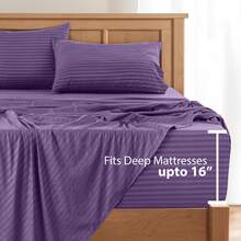 Lux Decor 4 Pc Stripe Bed Sheets, High GSM Brushed Microfiber Bedding Set With Deep Pocket Fitted Sheet & Pillowcases. Soft, Breathable, Hypoallergenic, Easy Care, And Wrinkle Resistant For Year-Round Comfort And A Classic Hotel-Quality Look. - 紫色 - 查看 4