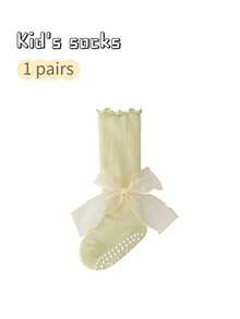 1 Pair Girls' Bow Decor Princess Mid-Calf Socks, Non-Slip Indoor Floor Socks, Toddler Socks, Spring/Autumn
