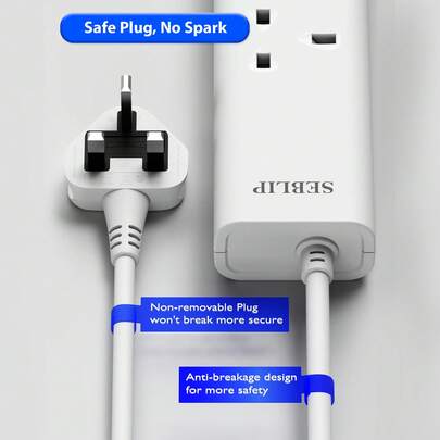 SEBLIP 150cm/59-Inch Long Power Strip, 4-In-1 Power Outlet, 2 AC Ports, One USB-A Port And One USB-C Port, 250V~13A 3150W, Modern Style, White, PC Material, With Security Door Protection, Suitable For Home Living Room, Bedroom, Office, Power Strip, Power Extension Cord