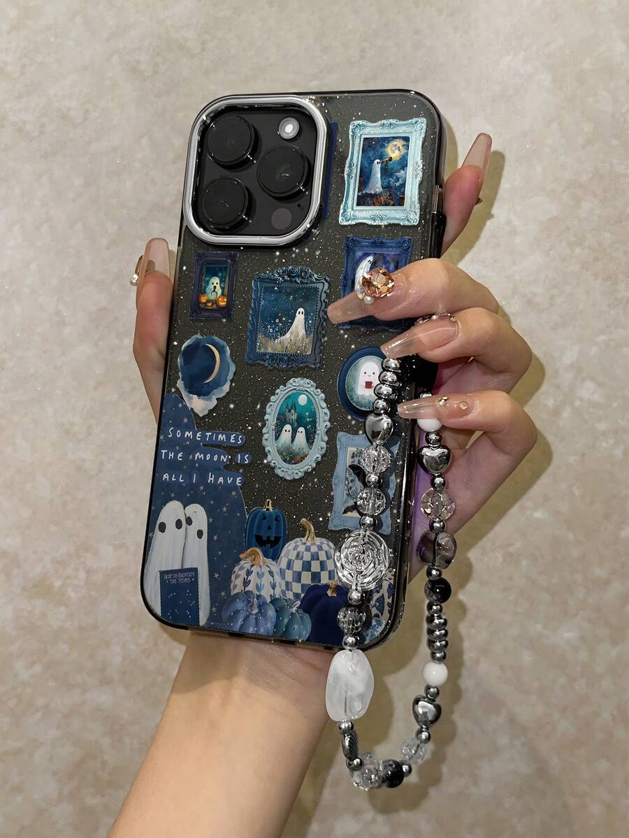 幽灵图案手机壳，可个性化定制，兼容 16 Pro Max、15、14 Plus、13、12、11，保护套 - 電鍍鏡框 黑色閃點 - 查看 1