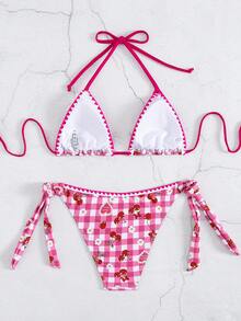 新款夏季女式系带蕾丝花齿可爱樱桃印花性感度假比基尼套装 - 彩色 - 查看 2