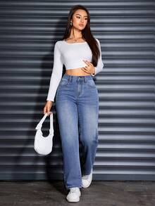 Plus Size Women's Fashion Solid Blue Washed Denim Cat Whisker Pocket Rigid Denim Wide Leg Jeans, Casual Wear For Spring, Summer, Autumn, Winter