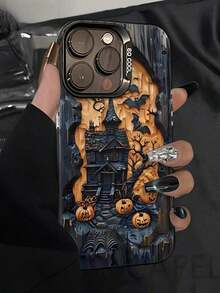Teléfono con diseño de castillo de calabaza para Halloween. Compatible con phone 16, 15, 14, 13, 12, 11, Pro, X, XS, Plus, S22/23/24 Ultra/FE+. - Multicolor - Ver 1