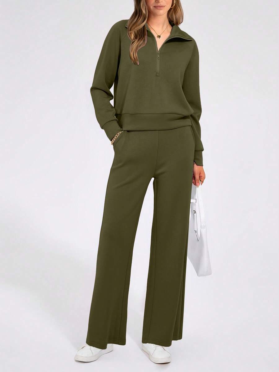 Women's 2 Piece Outfits Casual Lapel Half Zip Sweatshirts And Wide Leg Pants Tracksuit Sets - xanh quân đội - Xem 1