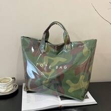Women's Fashion Handbag, PVC Transparent Tote Bag With Camouflage Pattern, Waterproof Outdoor Casual Bag, Large Capacity Beach Bag, Casual Style, Large Capacity, Fixed Shoulder Strap, Hook & Loop Closure, Polyester Lining, Random Print Design, Suitable For Work And Commuting