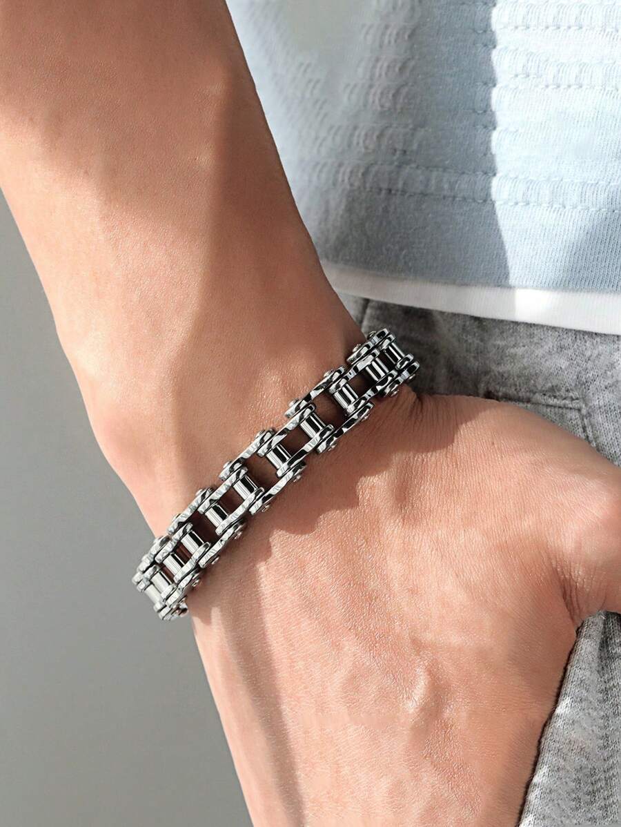 1 件复古朋克风格自行车链手链，男士街头时尚腕饰，高品质不锈钢首饰 - 鈦鋼男士手鍊 - 查看 1