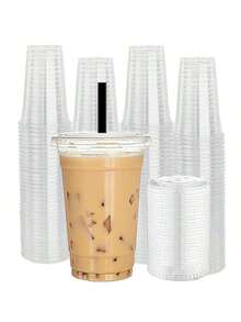 Juego de 50/30/20/10/5 vasos transparentes reutilizables con tapas, adecuados para té con leche, café, bebidas, batidos, aplicables para bodas, fiestas, hogar, barbacoas al aire libre, eventos - transparente - Ver 1