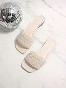 Sandales/Mules de sport pour femmes, faux perles, strass, bout ouvert, couleur unie, bride décontractée, sandales plates à talon bas, confortables pour l'extérieur et les vacances - Blanc - Voir 3