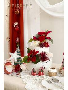 Caja combinada de flores artificiales rosas para decoración de bodas, flores falsas para decoración, flores de seda para decoración de interiores, flores para pastel, flores falsas para manualidades - Feliz Navidad Rojo - Ver 6