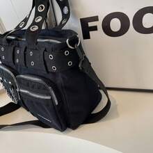SLIN&LXZQ Vintage Large Capacity Tote Bag, Hot Girls Cool Punk Y2K Shoulder Bag, Women's Rivet Embellished Crossbody & Handbags, Versatile Multiple Pockets Solid Color Outdoor Travel Satchel Bag, Casual Daily Commuter Messenger Shopping Bags - Black - View 8