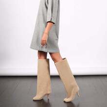 Women's Knee High Boots Nude Suede Wide Calf Stiletto Long Boots Pull On High Heel Riding Boots Fahion Dress Fall Tall BootsChristmas - 灰色 - 查看 4