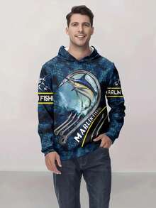 Marlin Fishing Graphic Hoodie, Casual Polyester Crew Neck Pullover, Slight Stretch Knit Fabric, Regular Fit, With Shark Pattern, For Outdoor Leisure Comfort Style, Spring/Fall Season