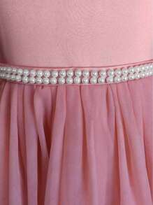 优雅粉色花朵花童裙配珍珠蝴蝶结，公主裙，适合婚礼、舞会、派对、生日、圣诞节 - 粉色 - 查看 8