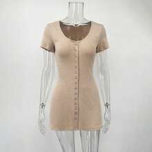 Knitted Mini Dress Female Summer New Elegant V Neck Buttons Short Sleeve Dress High Elasticity Casual Women's Dress - Gray - 查看 7