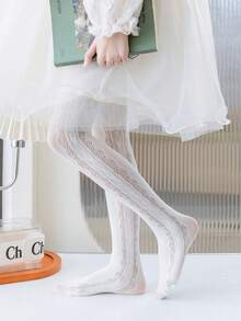 1 Pair Infant Girls' Princess Heart Shaped Hollow Out Mesh Breathable & Comfortable Tights, Suitable For Daily Wear Or Party Outfits - White - View 11