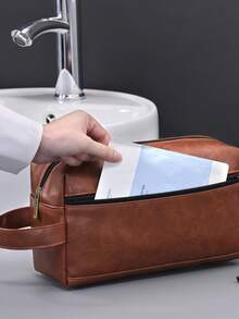 男士防水旅行洗漱包便携式化妆品收纳包拉链手提包复古缝线PU皮革洗漱包大容量旅行商务男士便携式洗漱包男士礼物圣诞袋防水背包复古男士礼物情人节 - 彩色 - 查看 11