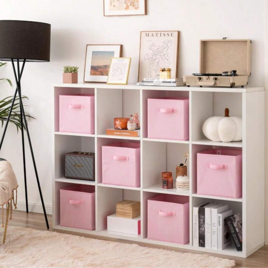 ARISE-Cubos de almacenamiento de 31 x 31 x 31 cm pulgadas, paquete de 6 contenedores de almacenamiento grandes y resistentes, asas dobles, plegables, cubos organizadores, cestas de tela para organizar - Rosa - Ver 1