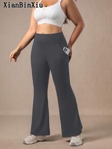 XianBinXiu 1 pièce Pantalon de yoga évasé grande taille pour femmes, legging de yoga ample à taille haute amincissant avec poches, gris, en tricot, élastique et confortable, convient pour le port décontracté quotidien et le yoga, toutes saisons, couche de base extensible et respirante, yoga à faible impact, pilates, ballet, port quotidien, printemps/été - Gris foncé - Voir 3