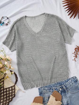 [Topper] Snygg enfärgad V-ringad lös stickad tröja med ihålig design, kortärmad, europeisk och amerikansk stil, mångsidigt plagg för kvinnor