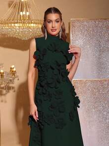 Nowa, elegancka, dopasowana sukienka bez rękawów z wysokim kołnierzem i motylkową wstążką, zdobiona motywem kwiatowym 3D, idealna dla gości weselnych, druhen, na przyjęcia świąteczne i formalne wieczorowe - Ciemnozielony - Zobacz 7