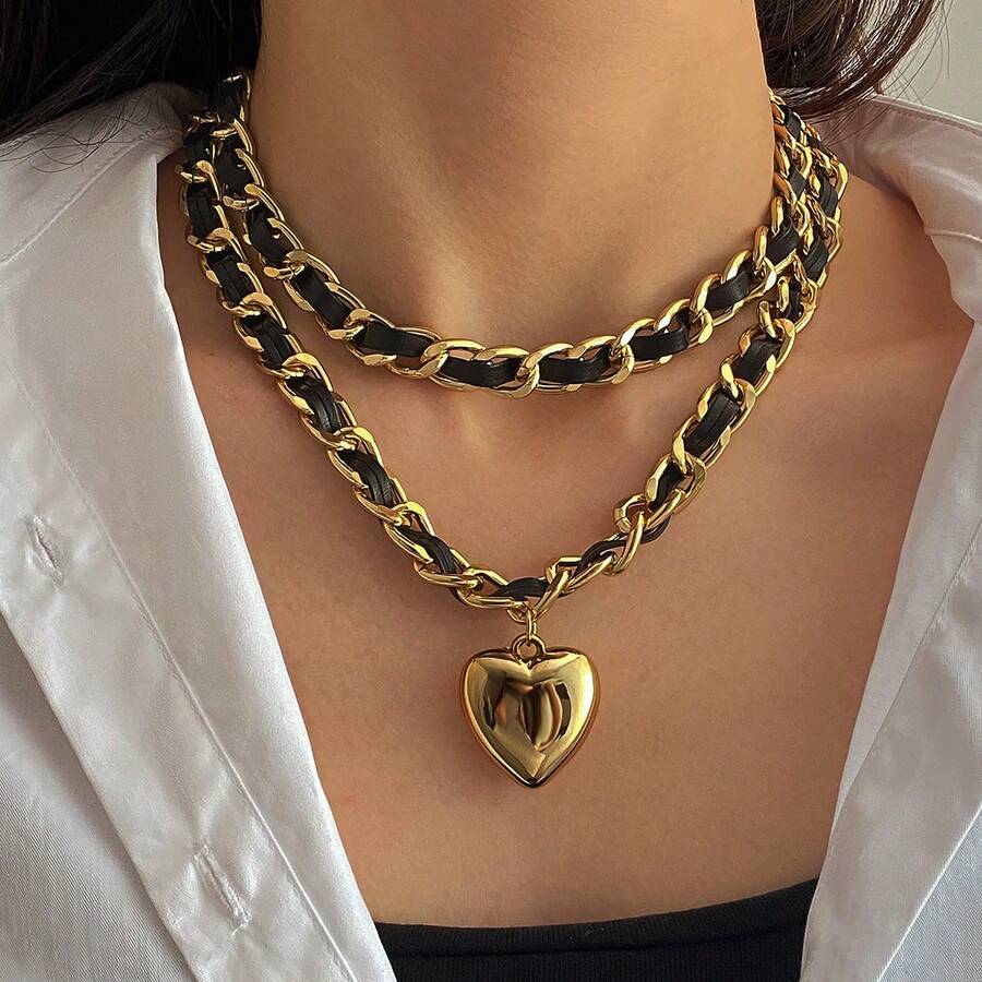 1 PC Creative Design Geometric Temperament Flannelette Chain Fashion Necklace, Retro Heart - Shaped, Versatile Double - Layer Neckpiece - 黑色 - 查看 1