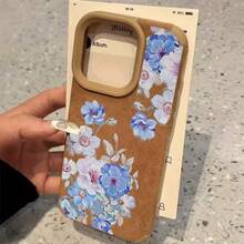 Diseño de flor azul Teléfono de lente alta 15 Plus 14 Pro 13 XS 12 11 16 Teléfono de cuero sintético suave todo incluido - Blanco - Ver 4