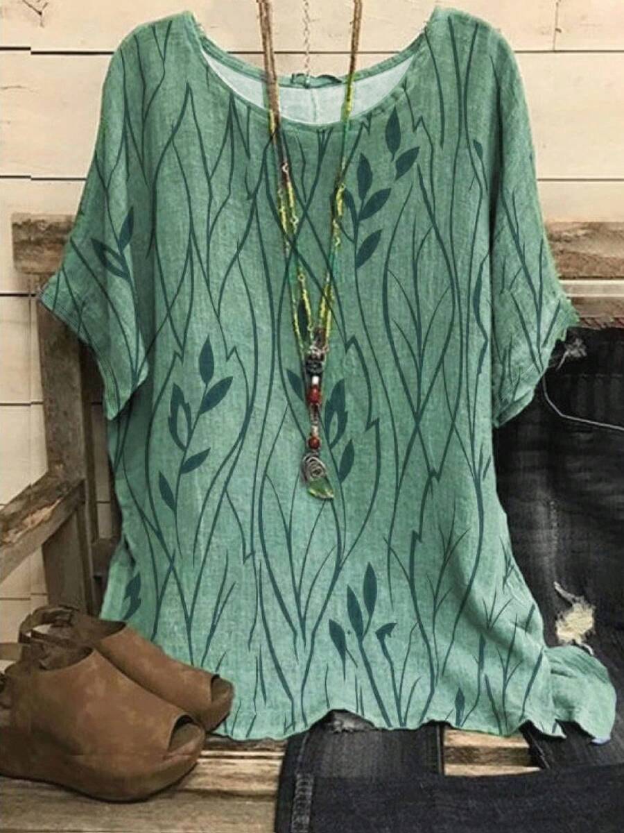 Women T-Shirt Casual Loose Leaves Print Blouse Vintage Blouse Half Sleeves Top Shirts - 綠色 - 查看 1