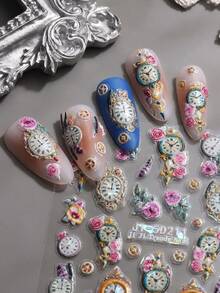 5D Embossed New Year Shiny Golden Glitter Clock Nail Art Stickers -Laser Flowers, Clock Rose, Floral Leaves PetalDesign Self-Adhesive Nail Art Decals ForWomen'S Festive Celebrations NailDecoration, Festive Nail Art| Floral Nail - Multicolor - View 6
