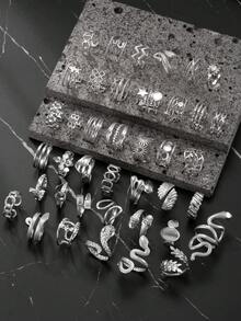 5/10/15/20/40/60pcs Set Stainless Steel Open Ring Assorted Styles Random Box, Including Snake Ring, Geometric Pattern Ring, Star Ring, Cross Ring, Essential For New Year, Valentine's Day Gift, Everyday Wear - Silver - View 3