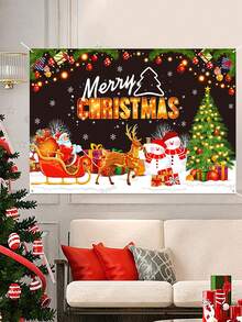 1pc Christmas Decoration Backdrop Fabric, Santa Claus& Snowman& Christmas Tree Pattern Banner, Merry Christmas Party Backdrop Decoration, Christmas Photography Props, Christmas Garage Door Decorations, Patio Decorations, Christmas Living Room Wall Decoration Hanging Fabric, Room Decorations, Home Decor, 2026 New Year Decor, Christmas Hanging Decor, Xmas Gifts