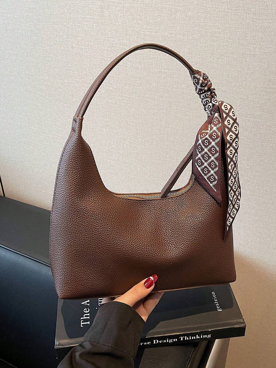 极简主义女士单肩包、手提包、优质腋下包、月牙包、附赠围巾、适合办公室、工作、通勤、购物 - 咖啡棕 - 查看 1