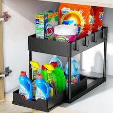 1set Under Sink Organizer, 2-Tier Sliding Cabinet Basket Organizer Drawers, Under Sink Organizers And Storage Bathroom Kitchen Cabinet Organizer With Hooks Cup The Bottom Drawers Can Be Slid Out, Kitchen Accessories, Home Decor, Party & Christmas Storage