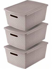 Set de 3 Cestas de Almacenamiento Plásticas de 22 Litros |   Contenedores Plásticos para Organizar el Hogar |   Organizadores |   Cajas de Plástico |   Cajas de almacenamiento - beige - Ver 1