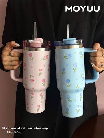 1pc 40oz-14oz Tulip & Heart Themed Stainless Steel Insulated Tumbler With Handle, Large Capacity Travel Mug, Suitable For Car, School, Office, Outdoor, Gym, Home, Great Gift For Women, Teens, Holidays, Birthdays (With Straw)