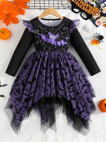 Halloween Costume Girls Bat Print Dress, Holiday Party Outfit Colorful Asymmetrical Mesh Dress For Girls - Purple - View 1