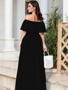 Vestido Largo de Escote Recto y de Hombros Descubiertos con Volantes, y Bajo con Abertura Lateral Elegante para Mujer - Negro - Ver 2