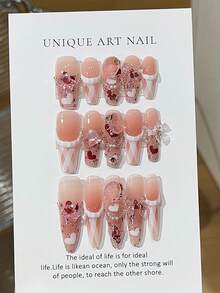 10 件超甜美女孩！超长法式美甲贴，白色蕾丝边，搭配大方糖水钻和粉色闪粉，可重复使用的手工指甲套，包含迷你指甲锉，适合作为送给朋友或派对的礼物，按压式指甲美甲用品 - 淺粉色 - 查看 3