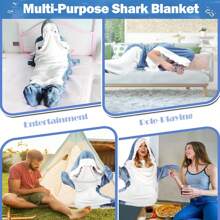 Shark Blanket Hoodie , Soft Cozy Shark Wearable Blanket For Adults & Youngsters - Wearable Shark Blanket, Plush Flannel Shark Sleeping Bag With Ruffled Collar, Machine Washable, Nautical Theme, Nautical Theme Sleepwear|Playful Shark Design|Plush Polyester - Multicolor - View 6