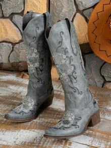Women Western Boots With Stiching   Western    Buckle  Embroidery    Holiday - Xám - Xem 6