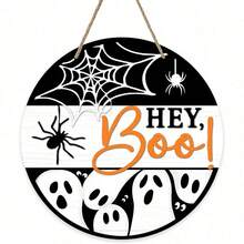 Placa "Hey Boo" de Fantasma para Decoração da Porta da Frente no Halloween, Pendurador de Porta de Madeira com Teia de Aranha Assustadora para Varanda Externa, Decoração de Parede Interna Engraçada de Guirlanda de Madeira para Festa